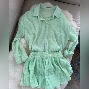 Lime Green Textured Button-Up Shirt and Short Set